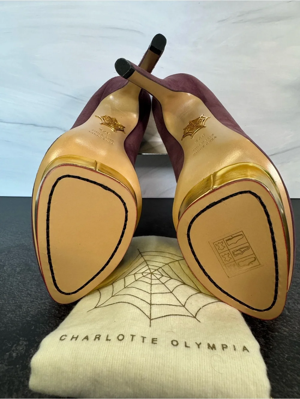 Charlotte Olympia Plum Suede & Gold Signature Platform Pumps Heels, Size 37.5